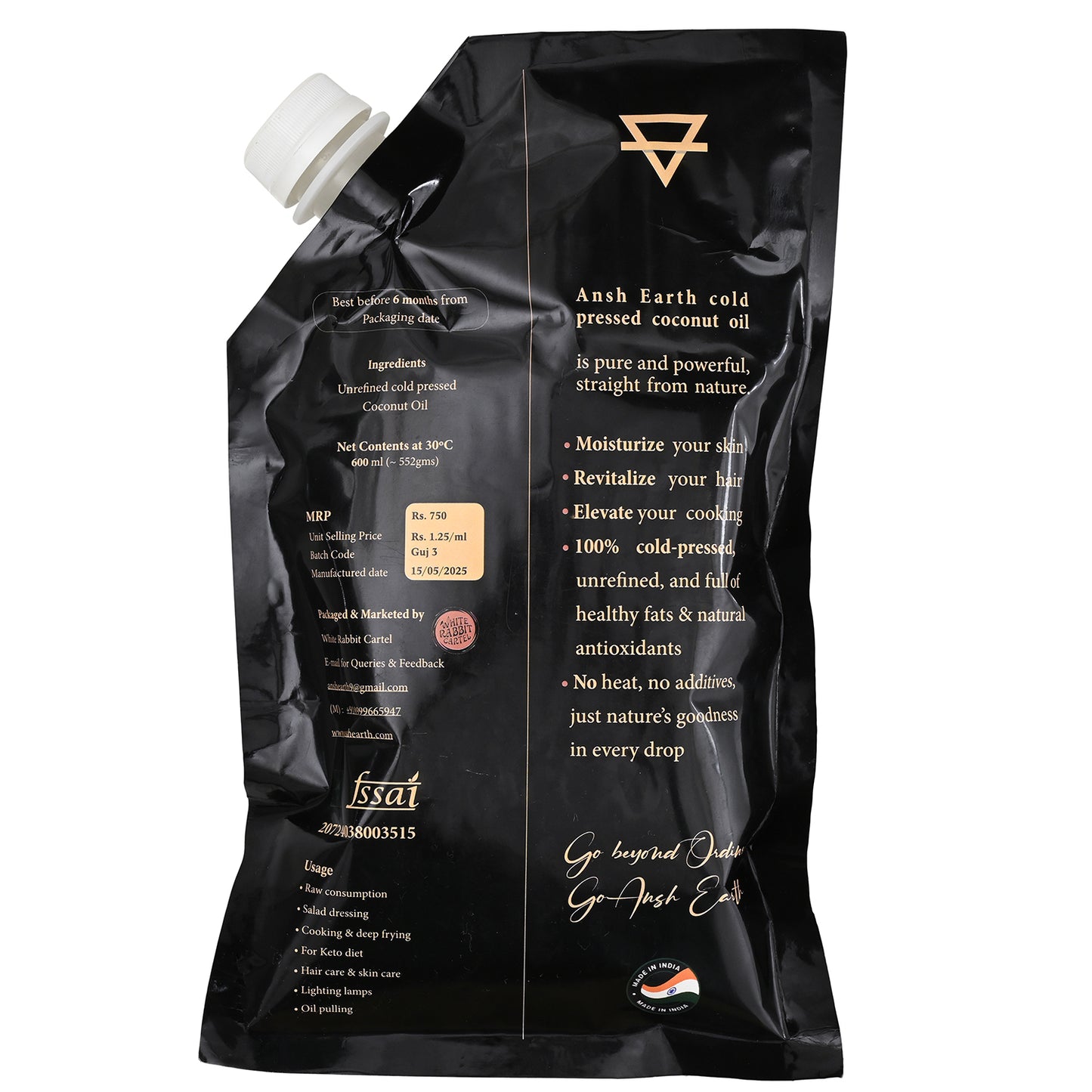 Ansh Earth Cold Pressed Virgin Coconut Oil (600 ml)